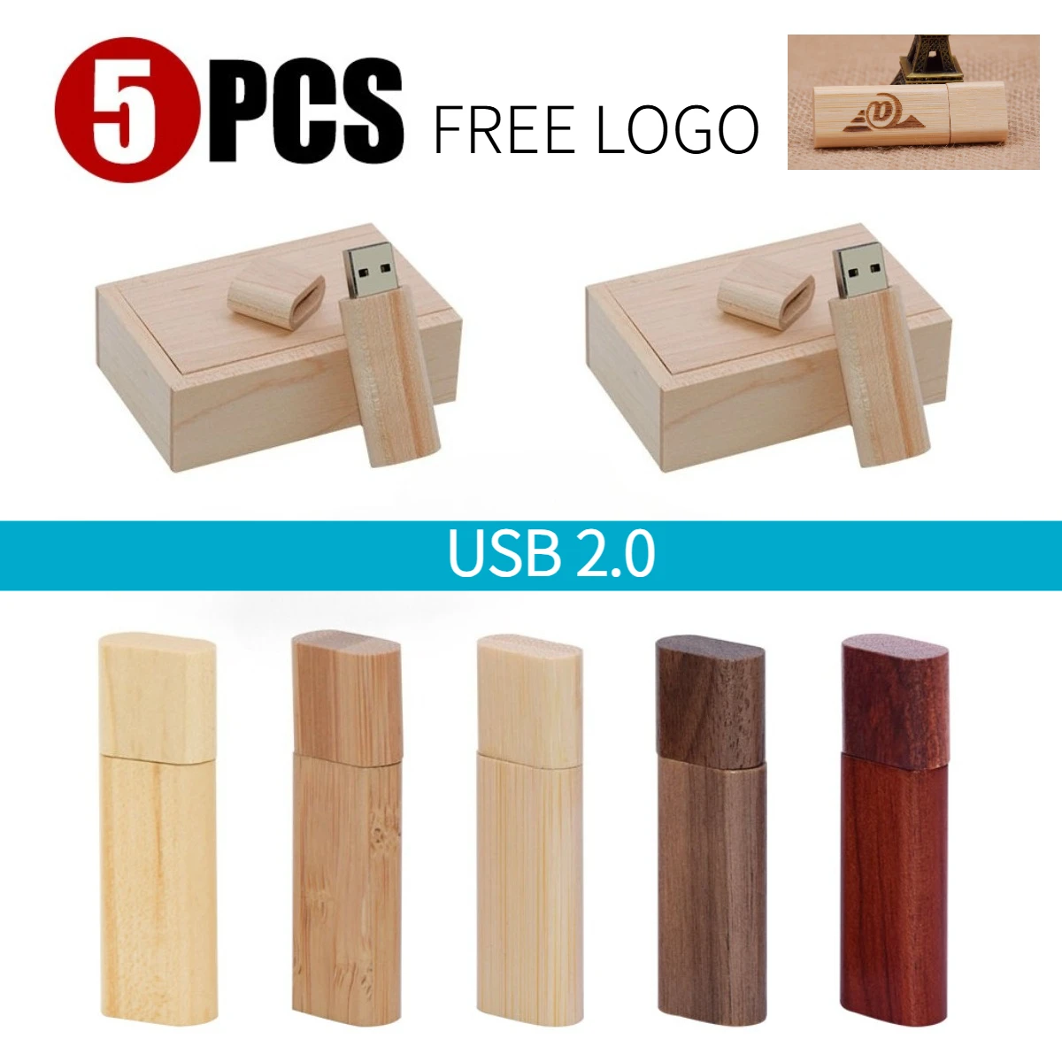 

5pcs Free custom logo Wooden Usb 2.0 flash drives Bamboo with Box Memory stick 16GB Pen drive 32GB 64GB Wedding gift USB stick