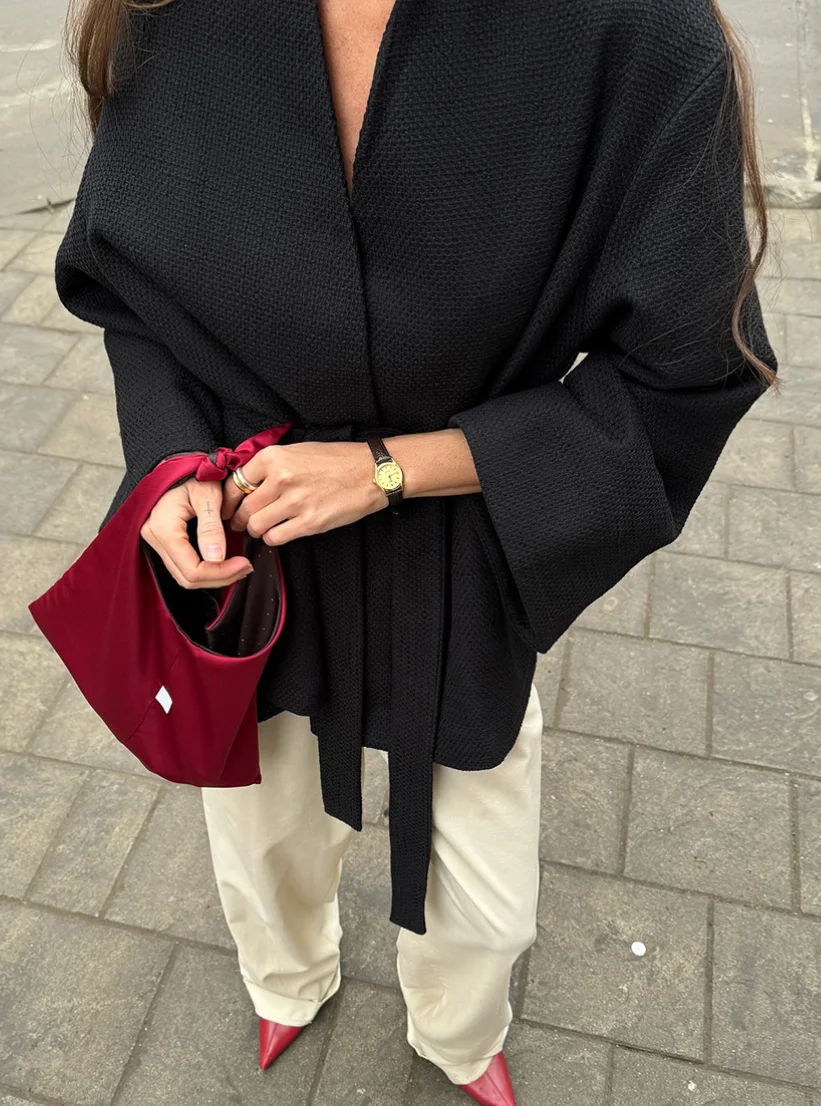 Women'S Fashion Kimono - Abrigo tipo kimono negro texturizado para