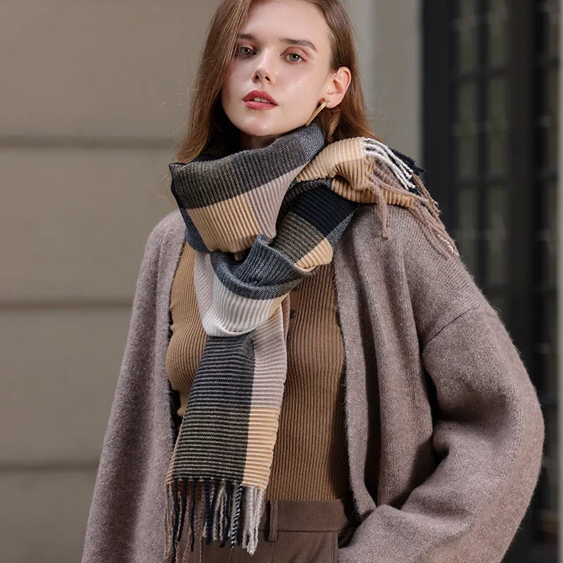 Bufanda a cuadros para mujer, Bandana larga de Cachemira cálida, Foulard de Pashmina con borlas, chal y envolturas de invierno, 2023