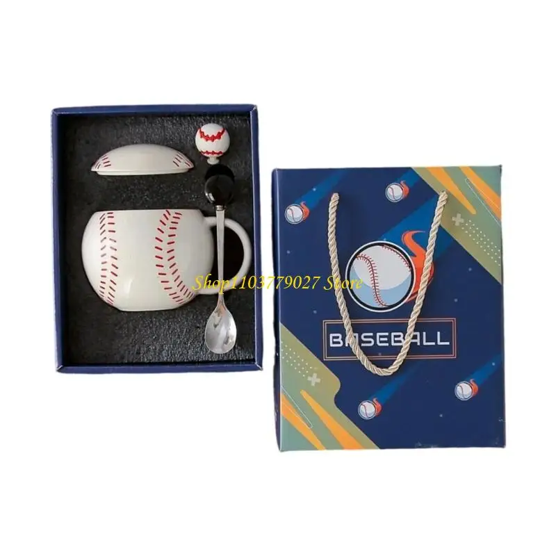 C4DF 420ml Baseball Ceramic Coffee Mug Teas Cup with Spoon Porcelain Water Cup Suitable for Coffee, Teas, Milk