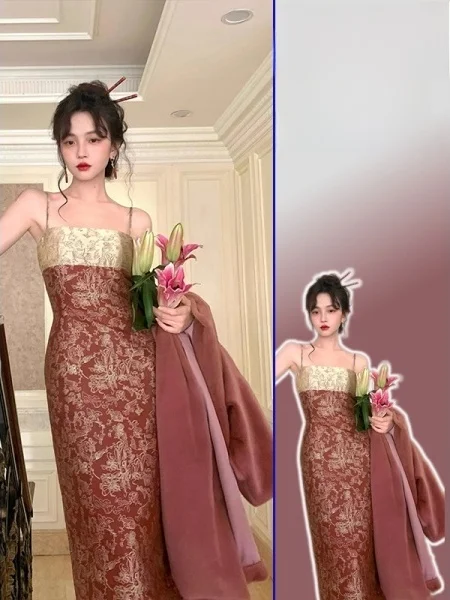 

plus Size Retro Chinese Sle Women's Spring Outfit Floral Embroidery Strap Dr Coat Two Piece Set Slim Fit Long Sve