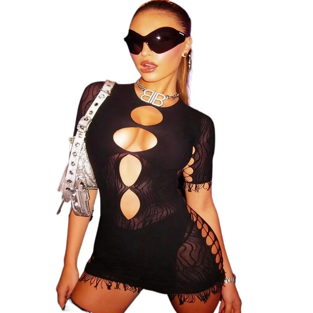 Hot Transparent Mini Dress Sexy Lingerie For Women Hollow Jacquard Tight Babydoll Dress Sexy Costume Backless Fishnet Dress
