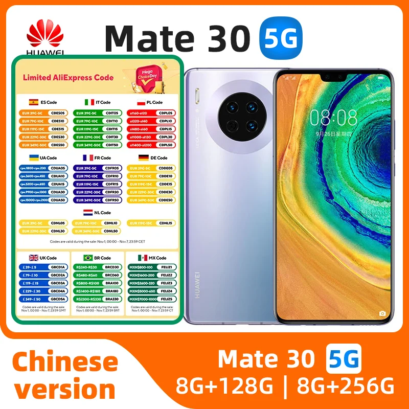 

HUAWEI Mate 30 Smartphone 5G 40MP+24MP Camera 6.62 inch 256GB ROM 8GB RAM Mobile phones HarmonyOS 4200mAh NFC used phone