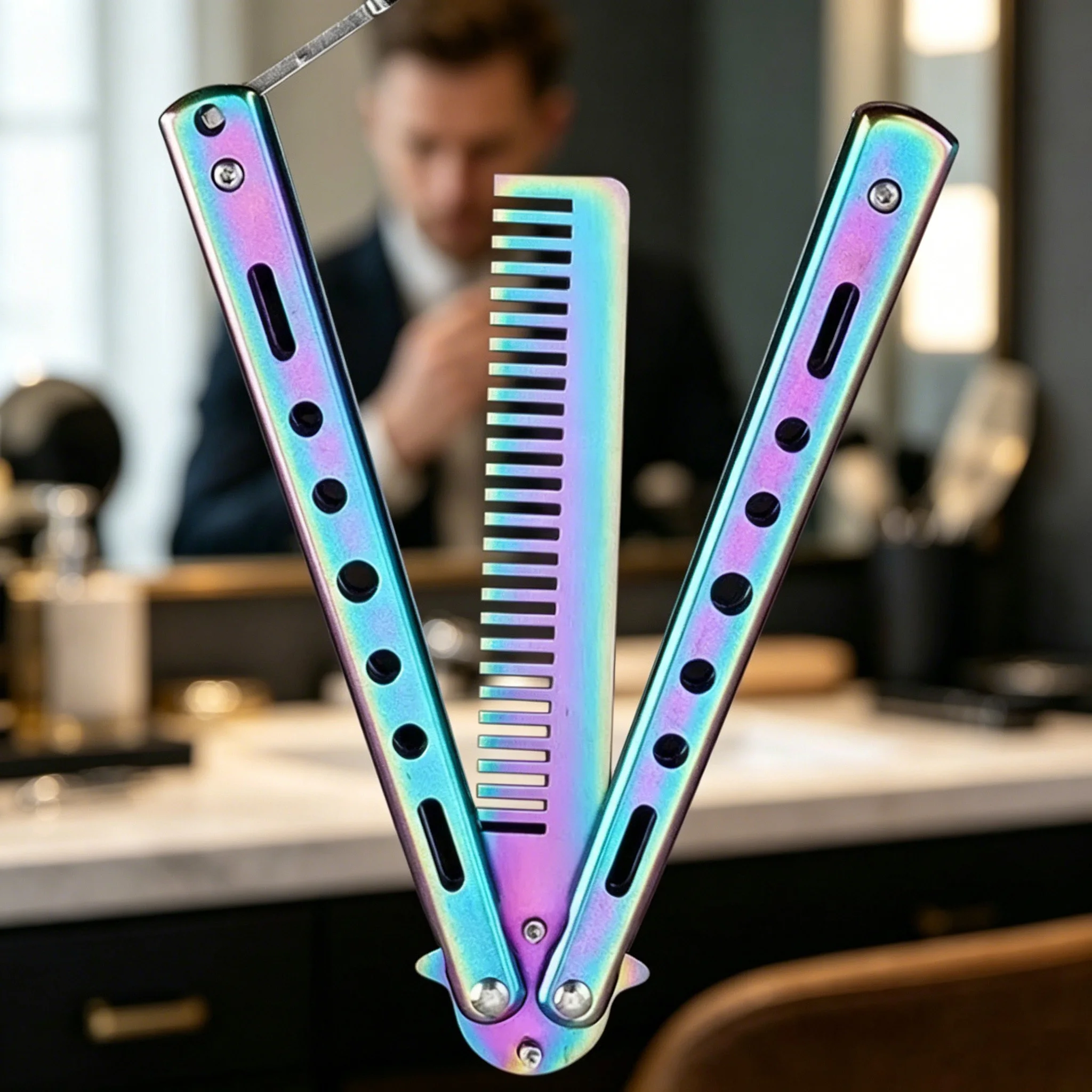 Protable 1PCS Foldable Comb Stainless Steel Butterfly Knife Comb Beard Moustache Brushe Salon Hairdressing Styling Tool