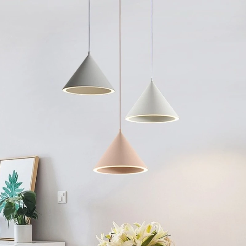 Nordic Macaron Colored Cone-shaped LED Halo Pendant Light Simple Lighting Fixtures for Dining Room Bedroom Study Bar Counter