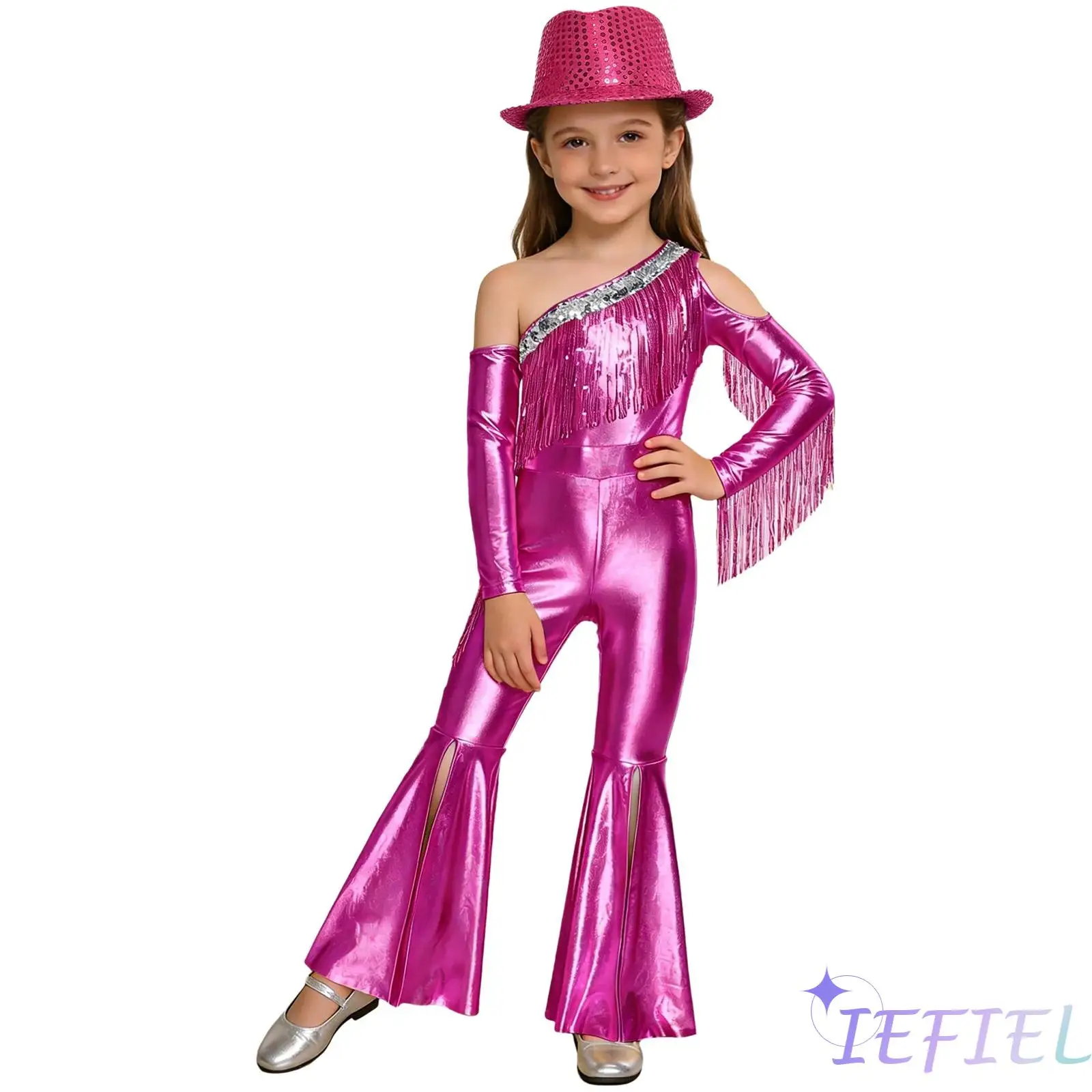 

Kids Girls Metallic Shiny Rompers with Fedora Hat Long Sleeve Sequin Tassel Slit Bell Bottom Jumpsuit for Disco Party Pageant