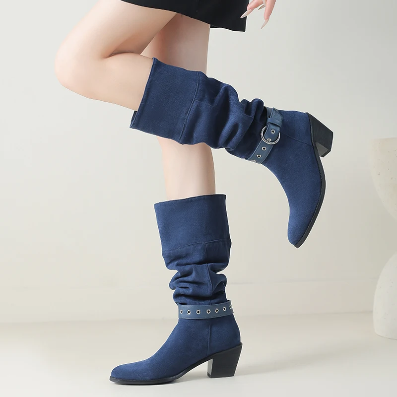 

Модные бархатные сапоги до колена для женщин с круглым носком и пряжкой на ремне, массивные высокие каблуки, плиссированные рыцарские сапоги для верховой езды, большие размеры 43