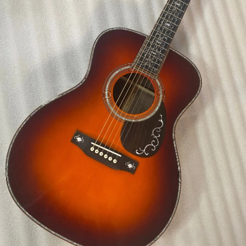 Sunburst Colour OM45 Style Acoustic Guitar Abalone Binding & Vine Inlay Solid Top Folk Guitar Free Delivery Fixed Bridge