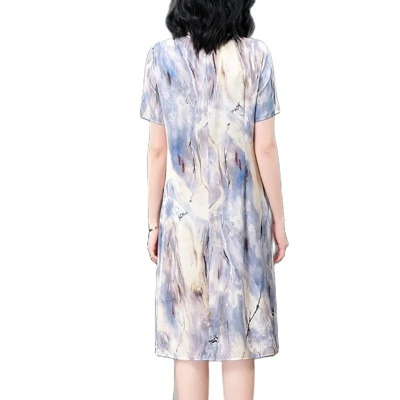 BirdTree, 90%Real Silk Fashion Dresses, Women Round Necks Short Sleeve, OL Elegant Large Size Dress, 2024 Spring Summer D44009QM