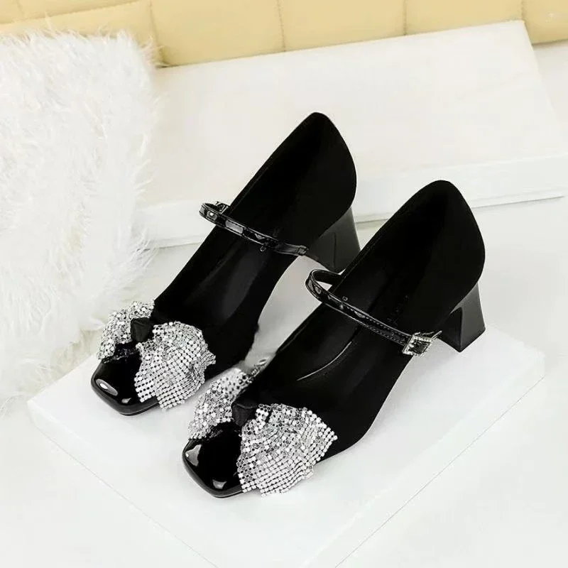 2025 Spring New Coarse Heel Single Shoes Women's Square Head Shallow Mouth Diamond Butterfly Knot Soft Sole Non-slip High Heels