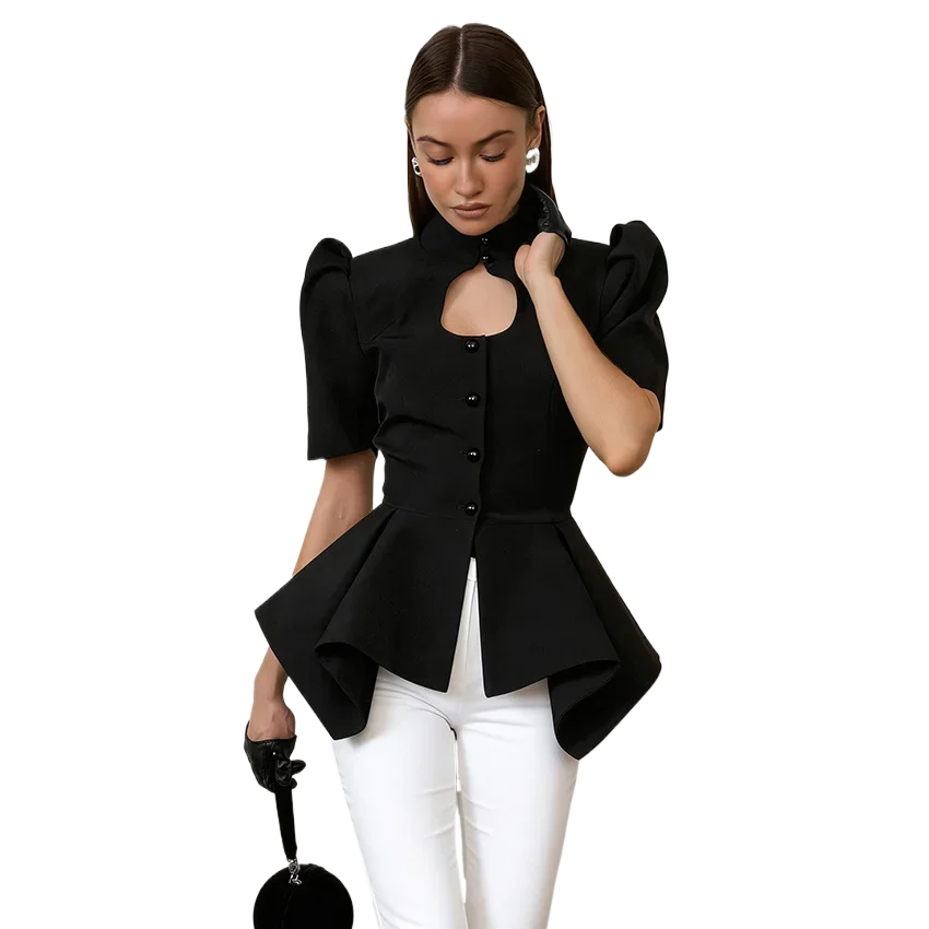 

New Elegant Women Blouse Keyhole Neck Short Sleeve Single Breasted Peplum Tops Asymmetrical Hem Formal Office Work Black Shirt