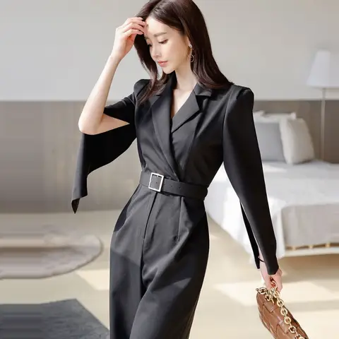 New Korean Fashion Office Lady Formal Jumpsuit Women Autumn Luxury Elegant Slim Waist Split Long Sleeve Wide Leg Pants Suit
