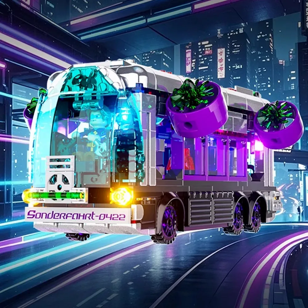 Klemmbausteine Cyberpunk Zukunftsbus mit 2 Figuren LED-Bausteine Sets Stadtansicht Apartment Laden Öffentlicher Nahverkehr Montage-Baustein-Modellbausatz Jungen Spielzeug Erwachsene Kinder Geschenk