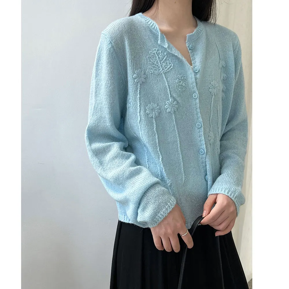 سترة نسائية من الصوف 15% 8% موهير بياقة دائرية وتطريز على شكل زهرة معطف محبوك سترات رفيعة ملابس علوية للنساء سترة #4