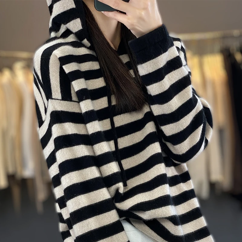 مخطط هوديي المرأة 100% ميرينو رداء علوي من الصوف الخريف والشتاء موضة محبوك مخطط هوديي سميكة الدافئة الملابس النسائية