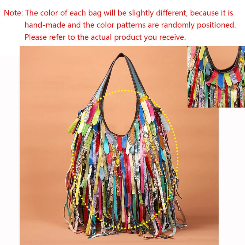 Colorful Real Sheepskin Shoulder Bags For Women Large Casual Slouchy Hobo Handbags Patchwork Leather Tassel Cross Body Purses