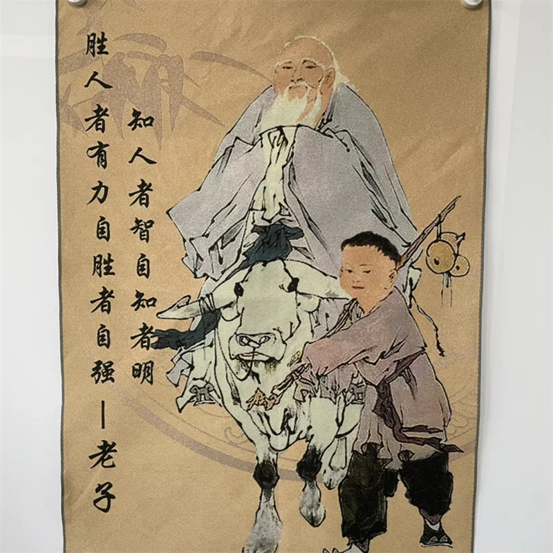 Chinese Antique Silk Brocade Tangka Wall Art 'Laozi' Embroidery Traditional Home Decor Piece for Cultural Interior Design