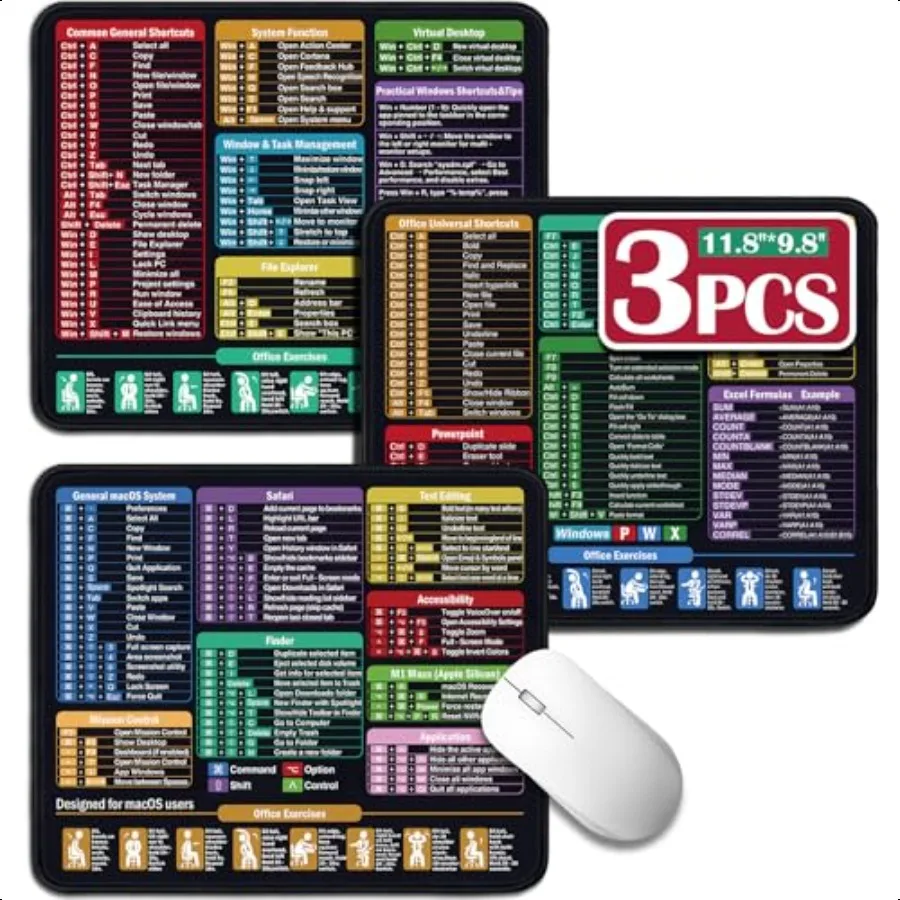 

3 Pack Small Mouse Pads with Excel Word PowerPoint Windows OS Shortcuts 11.8x9.8 Excel Cheat Sheet Desk Pads Portable Waterproo