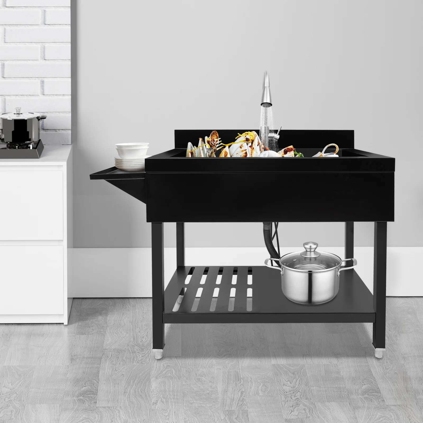 

Kitchen Sink, Black Stainless Steel Sink with Pull Down Faucet, Double Bowl Undermount Drop In Sink Set, Filter Basket & Cover