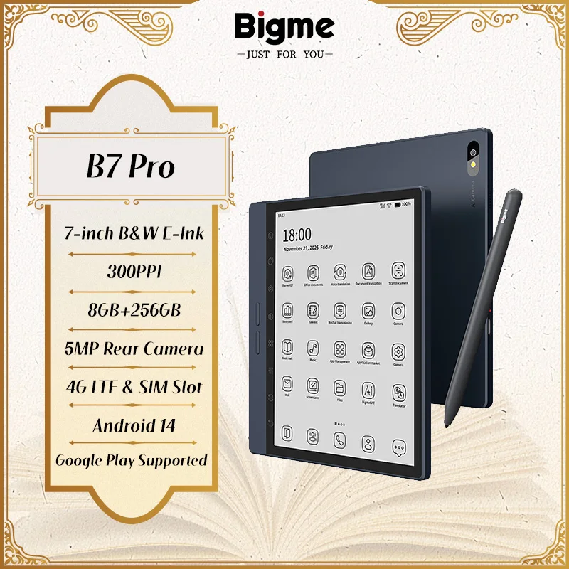 Leitor de E-Books Bigme 7'' E-Ink Preto e Branco B7 Pro, 300PPI, Livro Eletrônico Amigável para os Olhos, 8+256GB, Android 14, E-reader com Chamadas 4G