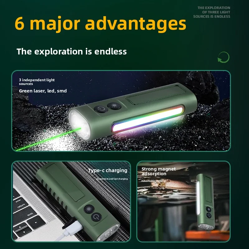 EDC Green Laser Multifunctional Aluminum Alloy Flashlight with Magnetic Side Light Strong Brightness USB Rechargeable Compact
