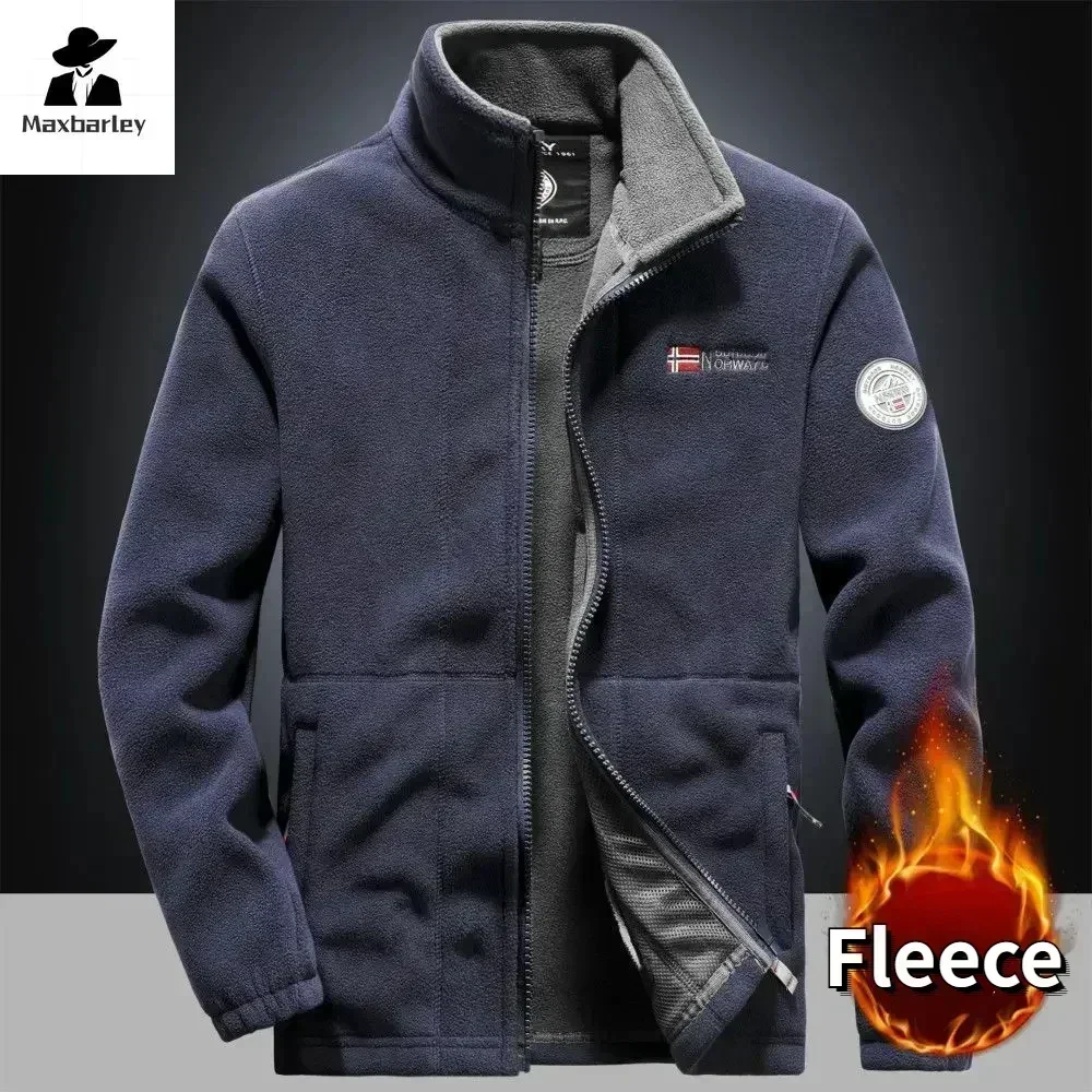 Winter Warm Fleece Jacket Men\'s Climbing Double Thickened Pocket Jacket Outdoor High Collar Windproof Ski Sweatshirt Coat Men