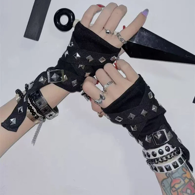 Y2K الألفية الساخن JK الفتيات برشام حزام قفازات الهيب هوب Harajuku أصابع قفازات الشرير القوطية نمط قصيرة الذراع أدفأ الشارع الشهير #5