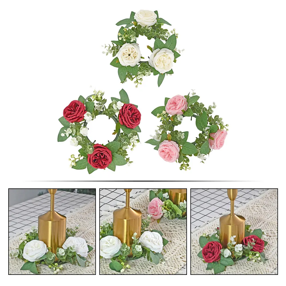 

3pcs Artificial Rose Ring Floral Wreath Wedding Table Centerpiece Rustic Pillar Decorative Ring For Birthday