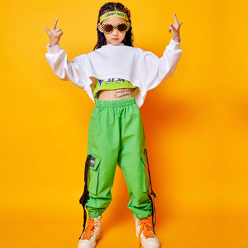 Girls Hip Hop Jogger Cargo Pants Sport Crop Sweatshirt Tank Top Clothes Sets Kids Batwing Sleeve Outfits Teen Child Street Dance