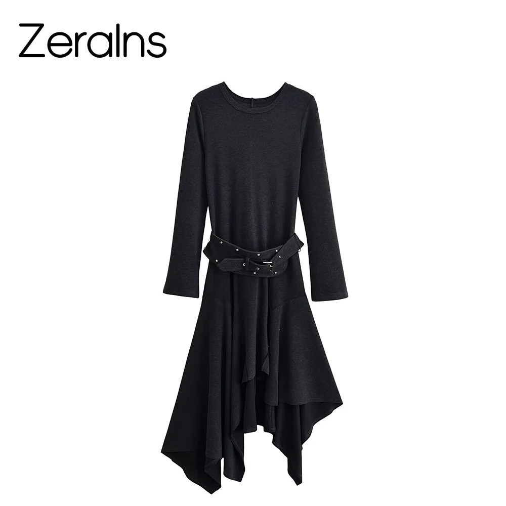 ZERAINS 2025 فستان نسائي شتوي جديد برقبة دائرية وأكمام طويلة وحزام مثبت غير متماثل فستان فلوت للتخسيس #1