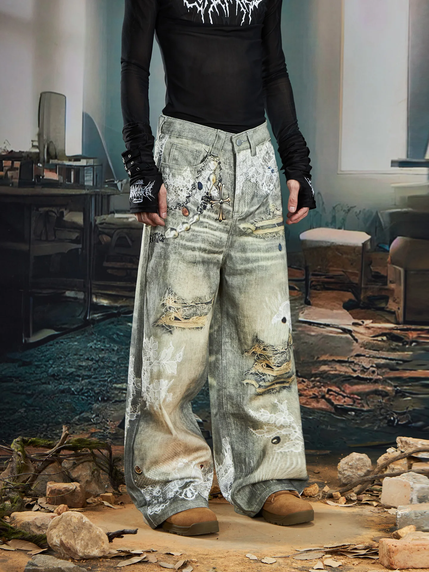 

Особый дизайн, нишевые индивидуальные 3D кружевные бусины, свободные прямые джинсы с принтом, брюки, мужская и женская мода