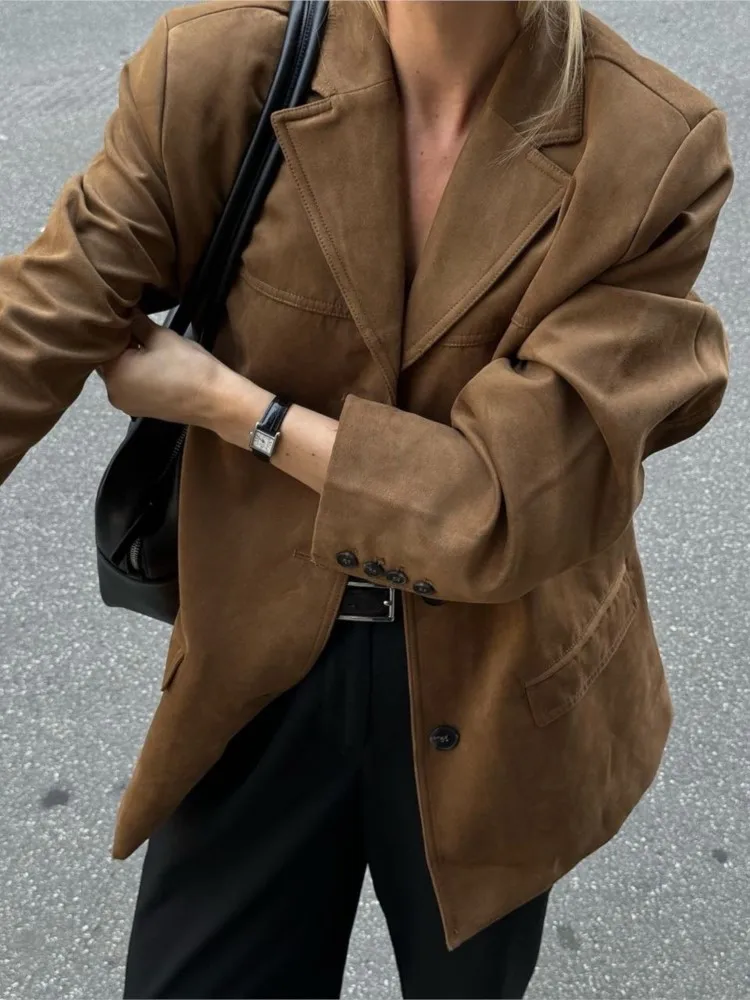 Lapel Pocket Jacket Coat Brown Woman Casual Loose Slimming Minimalism Short Coats Lady Autumn Commute Overcoat Fashion Outwear