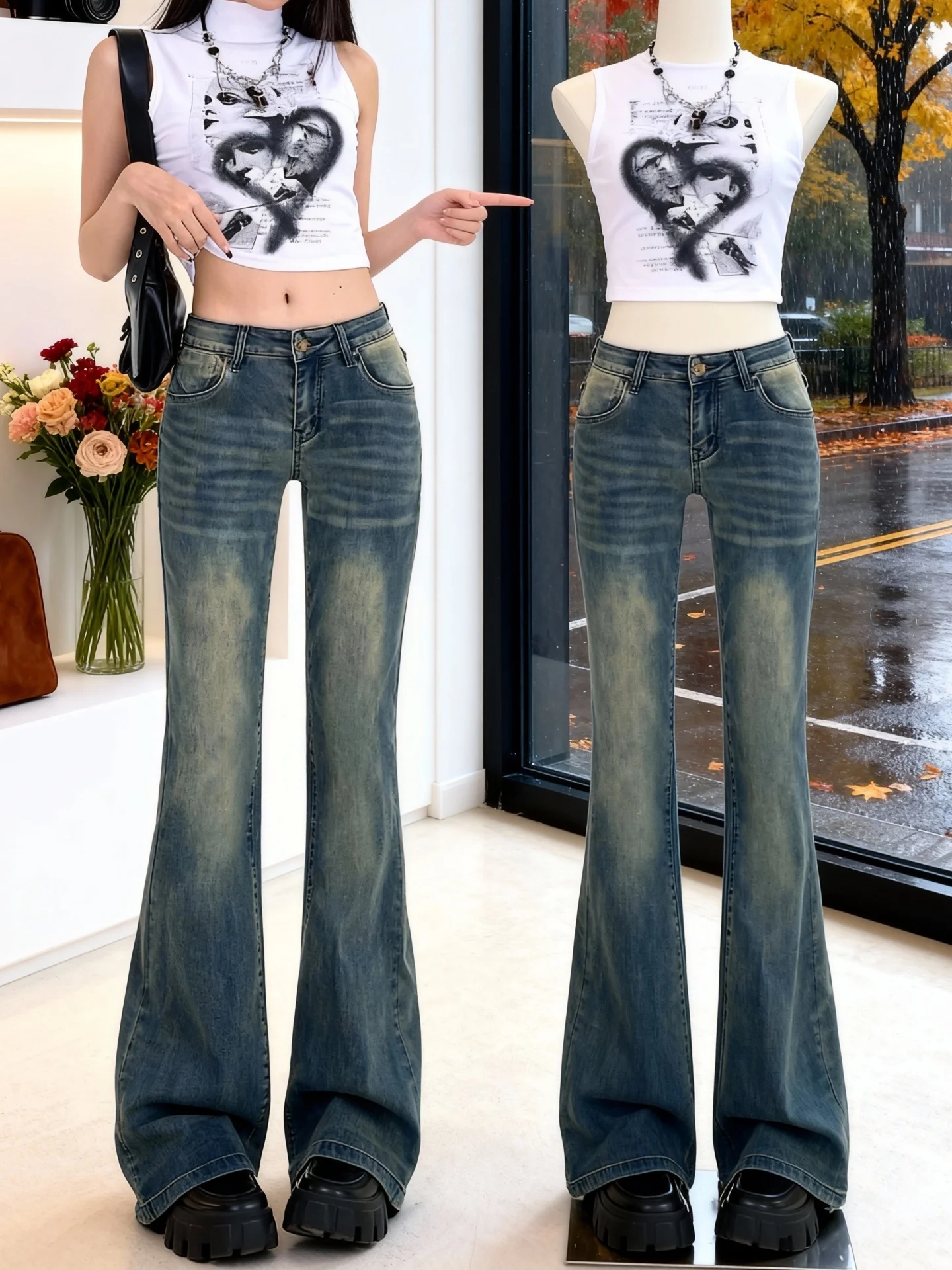 Fce اصطف Thiened ارتفاع الخصر جرس بوت الدينيم الجينز المرأة الخريف الشتاء جديد Sle الأمريكية الرجعية سليم صالح الطابق طول... #2