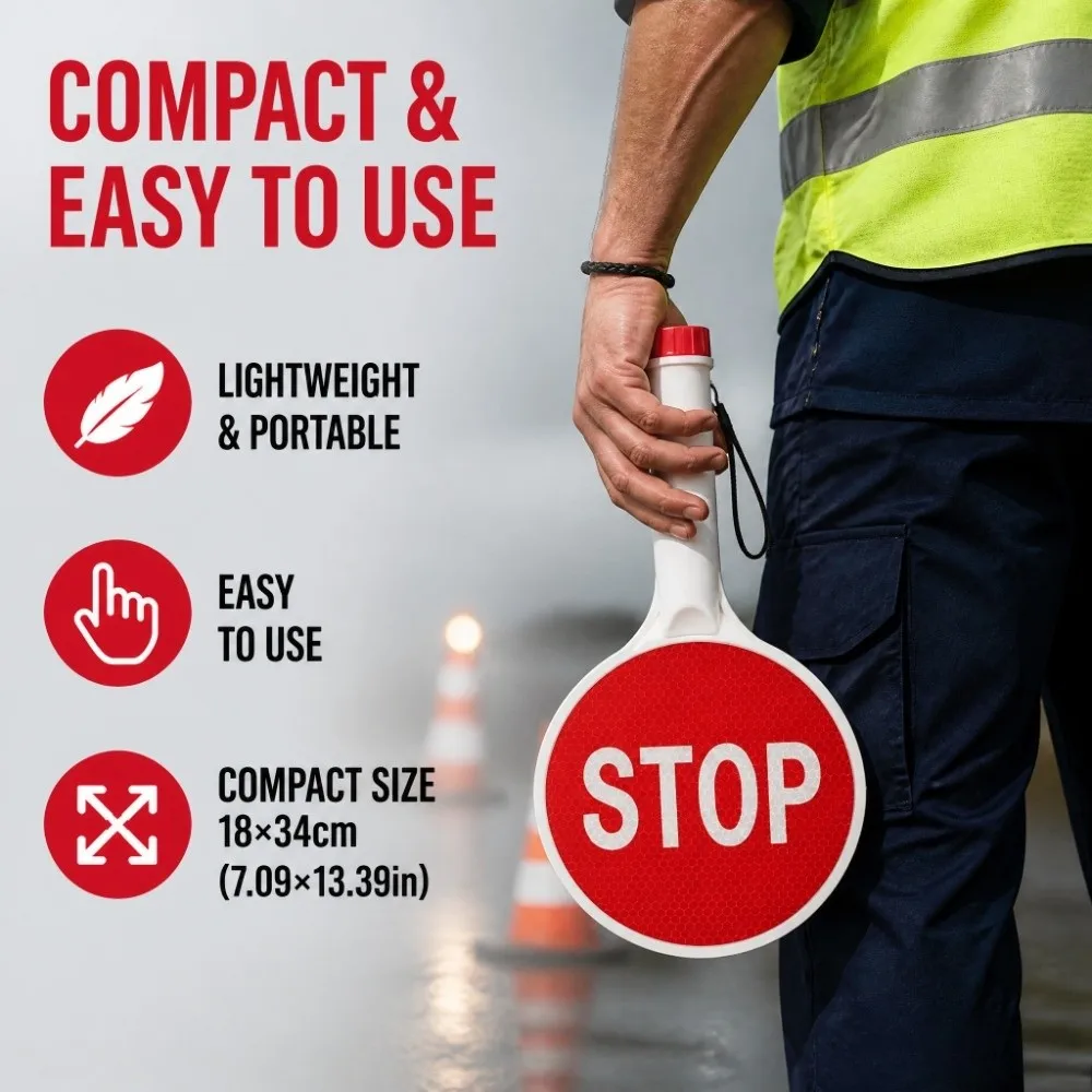 Double-Sided Handheld Stop Sign Portable Waterproof Parking Command Sign Round Red Green Road Safety Sign School