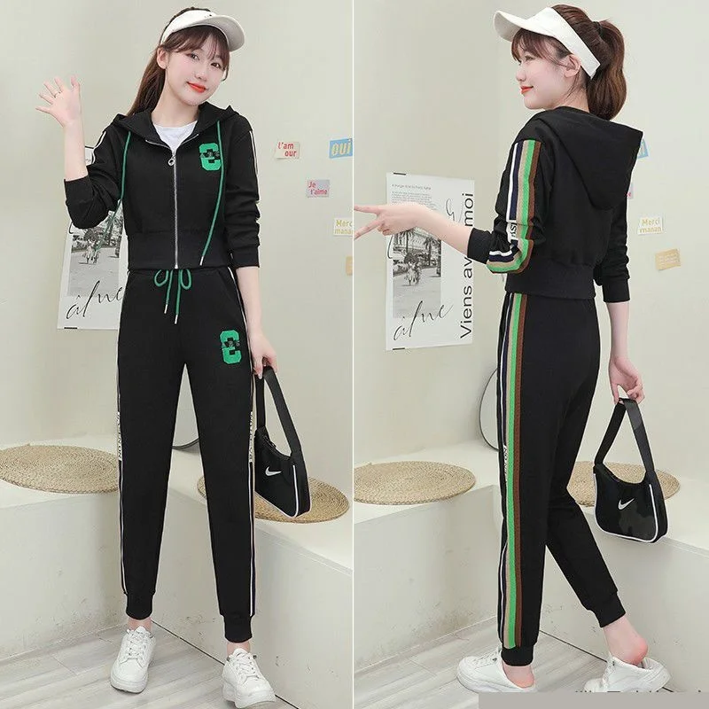 Women\'s Spring Autumn Hooded Sports Suit 2024 New Popular Fashion Leisure Cotton Zipper Jacket Corp Tops And Pants Two Piece Set