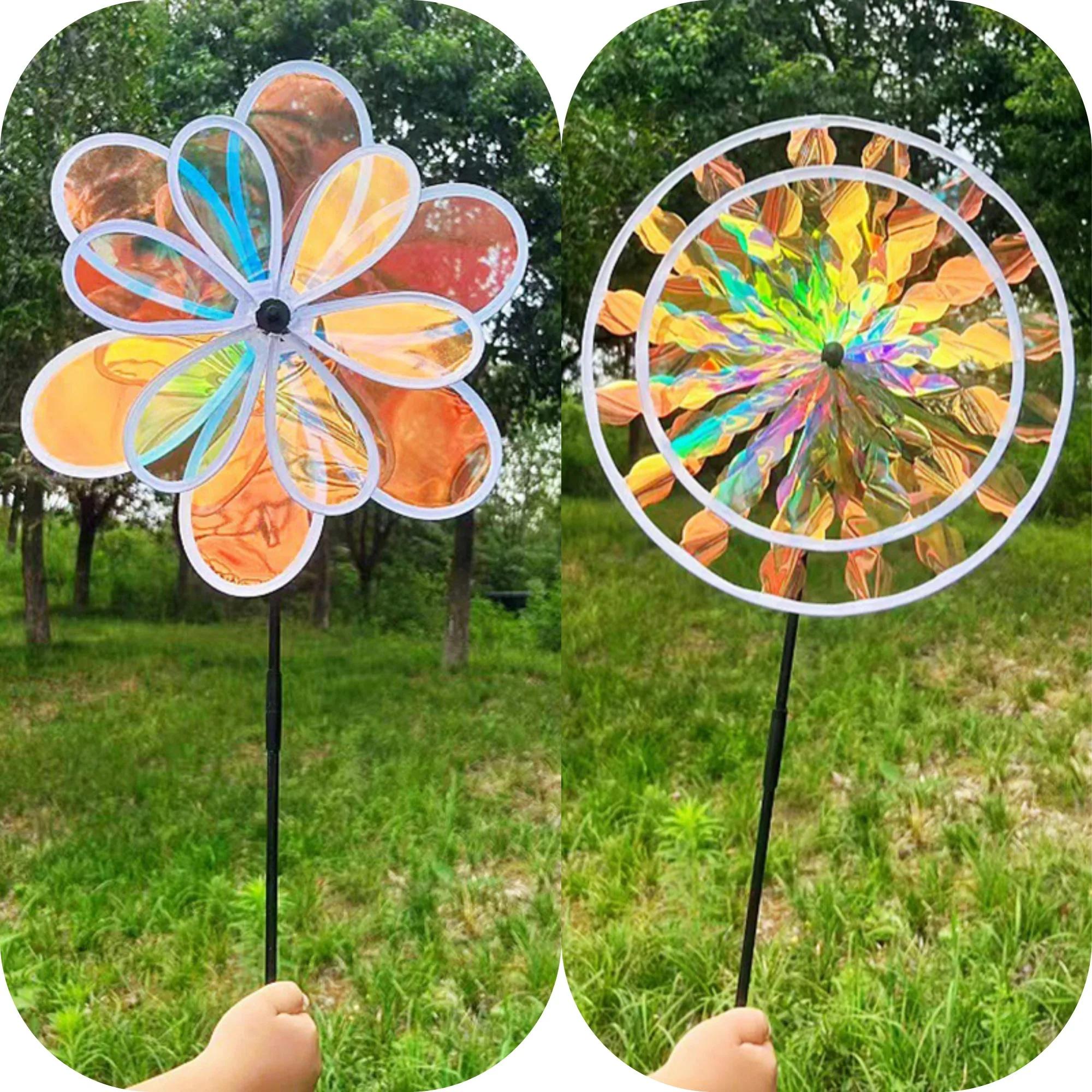 

1/2 Layer Fruit Garden Reflective Six Color Dazzling Sunflower Windmill Outdoor Lawn Yard Bird-Scaring Wind Spinner Kids Toys