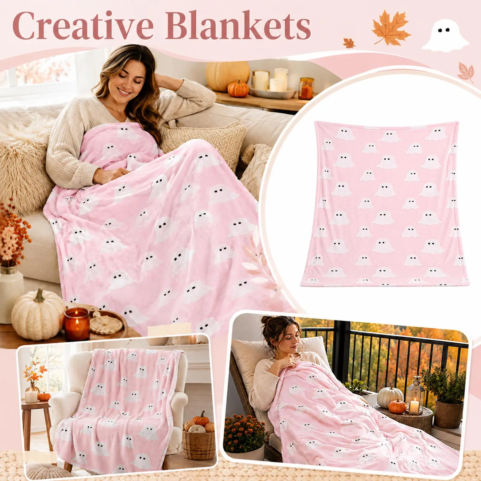  Flannel Halloween Ghost Print Throw Blanket Plush Soft Cozy Blanket for Living Room Couch and Sofa Holiday Decorations