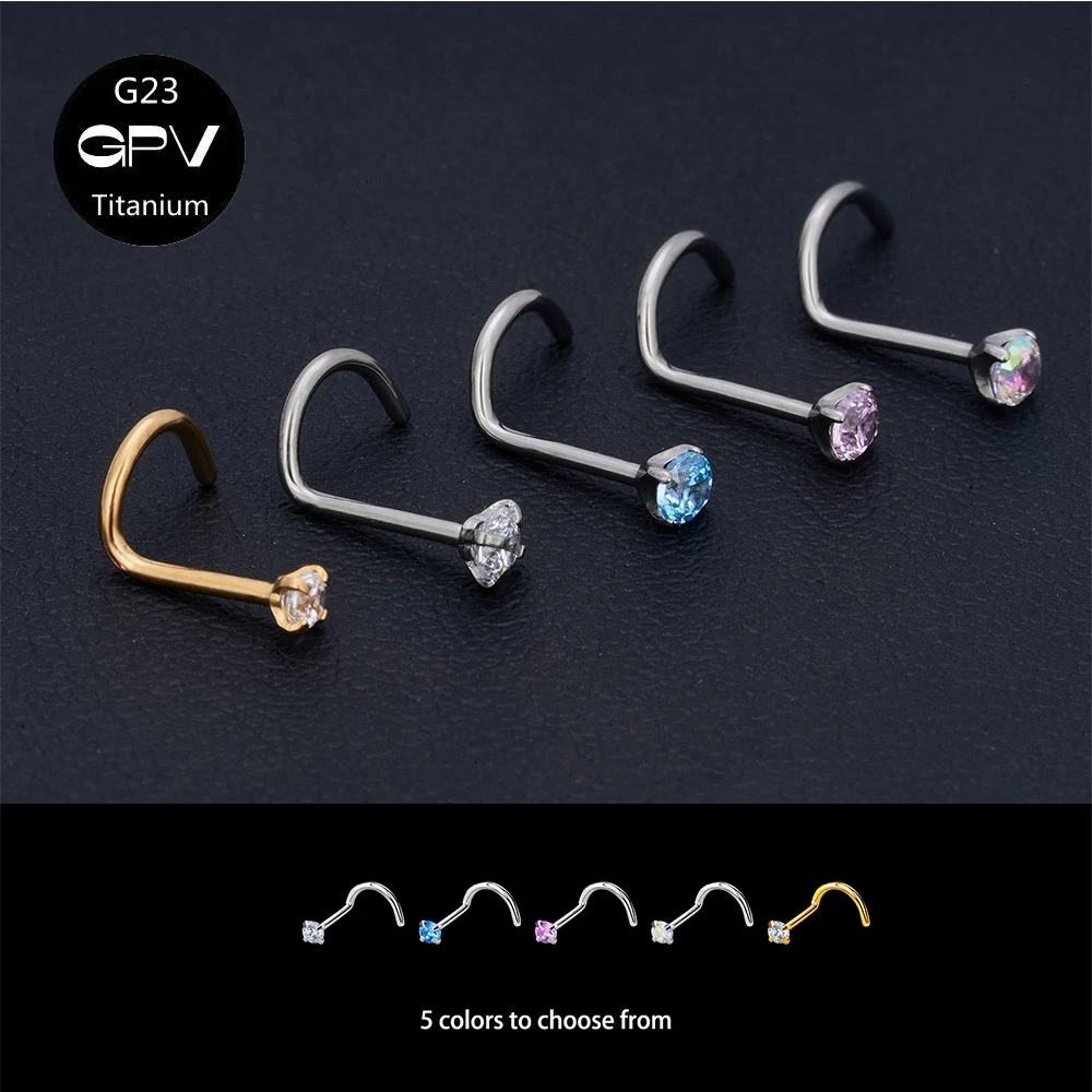 10PCS G23 Titanium Four-Claw Round Zirconium Exquisite Nose Bend Rod  Nose Stud 20G Small Wire Diameter Perforated Jewelry