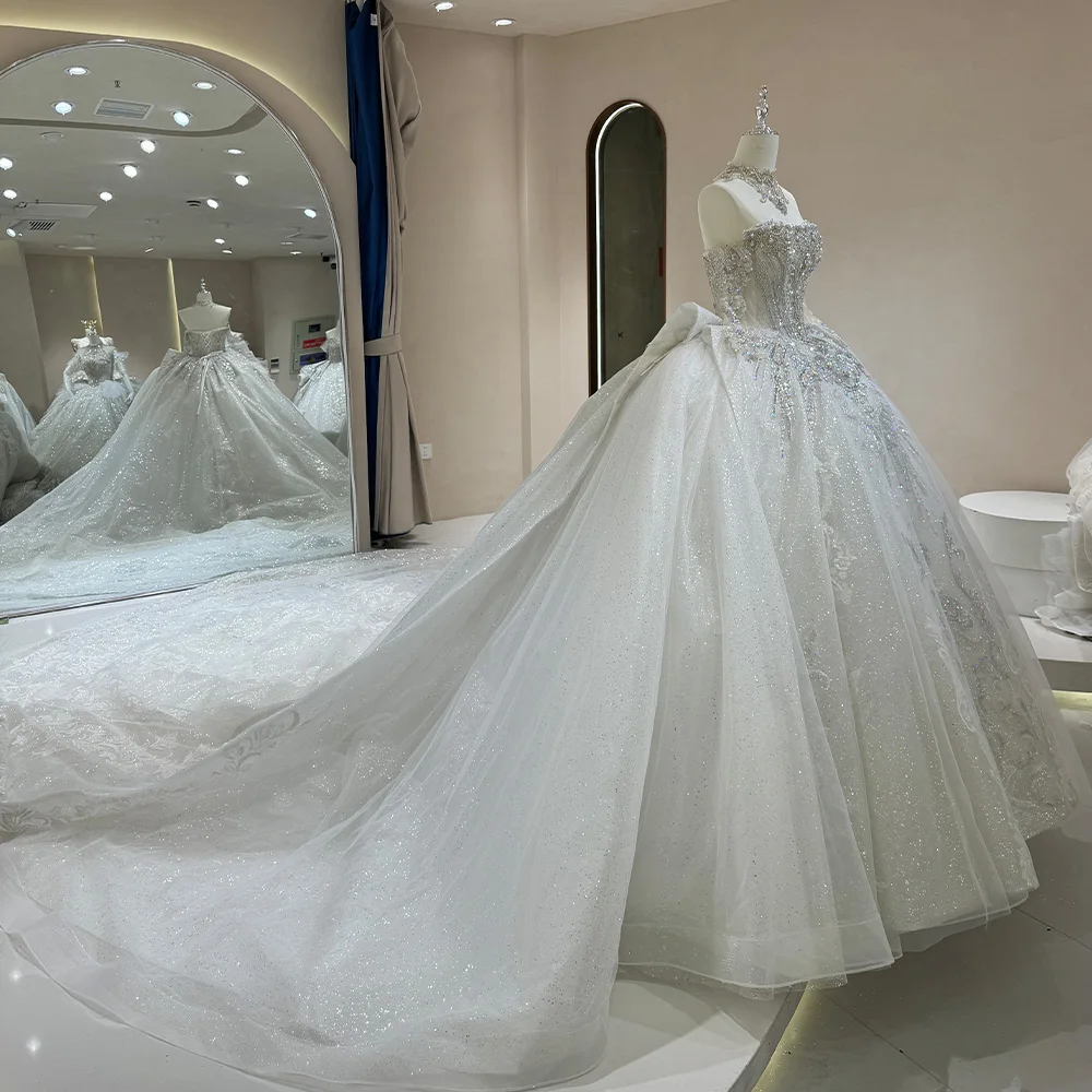 Vestidos De Novia con cuentas De cristal para mujer, exquisitos Vestidos De Novia con lentejuelas y cuello barco, cola De corte, Vestidos De Fiesta formales De Novia