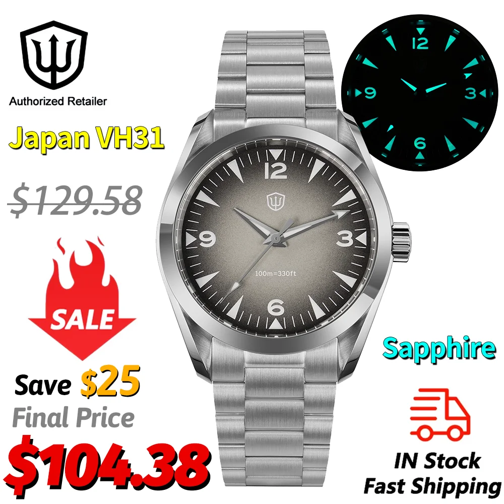 Watchdives WD0006 nuevo Japón VH31 relojes de cuarzo gris 100M impermeable espejo de zafiro luminoso 316L acero 38mm relojes Vintage