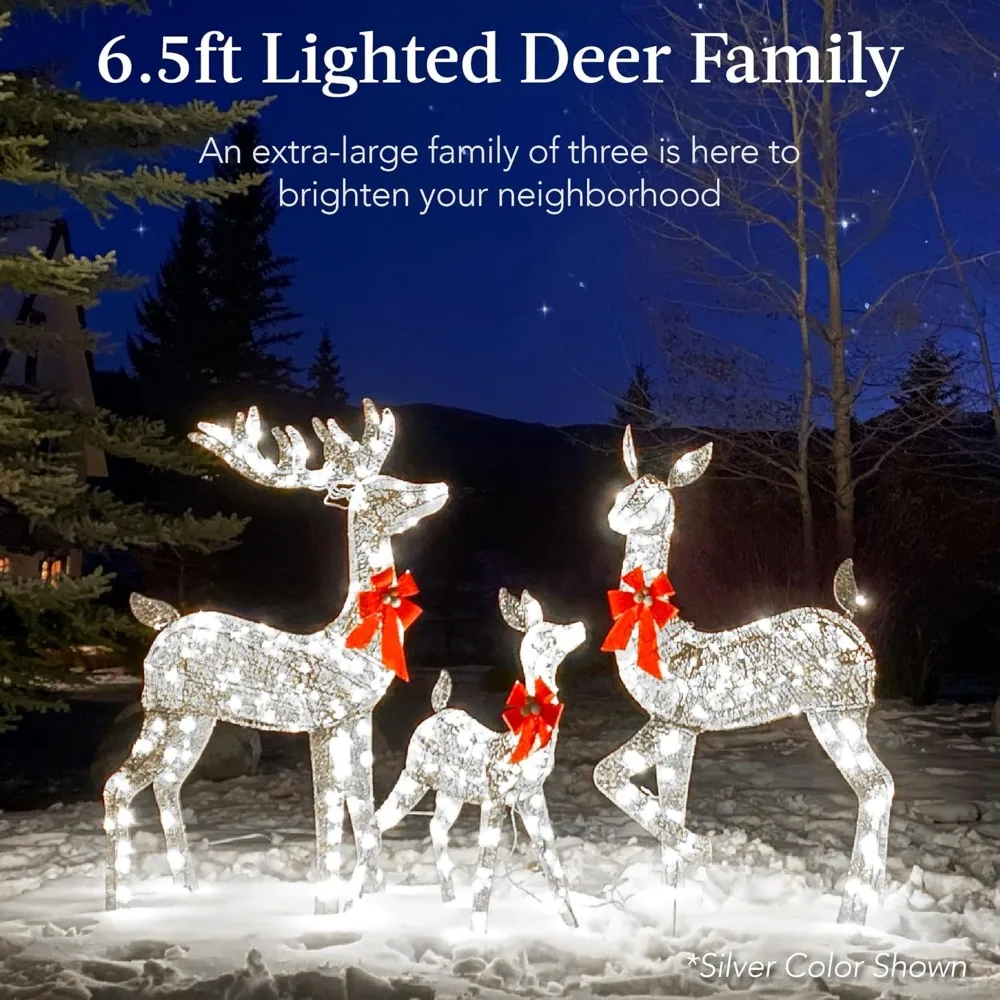 

3Piece Large Lighted Christmas Deer Family Set 6.5ft Outdoor Yard Decoration with 385 LED Lights, Stakes, Zip Ties White