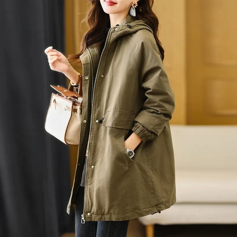 

2024 New Autumn and Winter Loose Hooded Zipper Solid Color Long Sleeves Pockets Lady Temperament Trench Casual Thicken Warm Coat