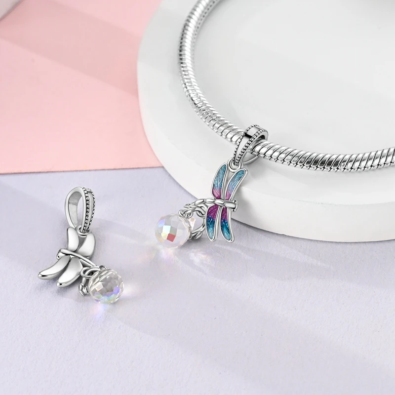 100% 925 Sterling Silver Exquisite Colored Dragonfly Charms Pendants Sparkling Zircon Fit Qikaola Original Bracelets DIY Jewelry image 5