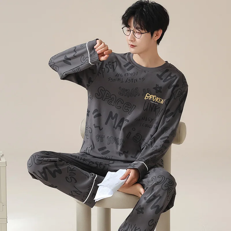 Pajamas Men's Spring Autumn Cotton Long Sleeve Long Pants Pullover Can Be Worn Outside Fall Casual Plus Size Loungewear Set