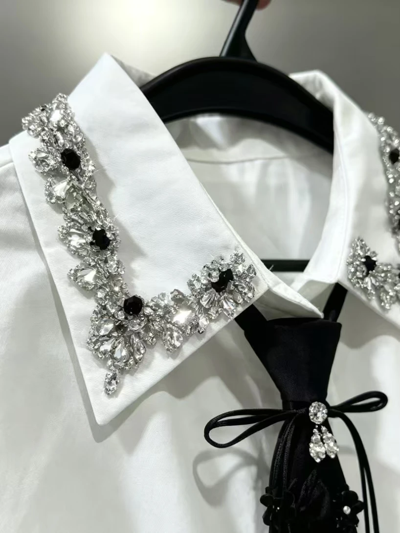 Unique Design Women's Autumn Sparkle Cotton Shirt With Diamonds Tie Ladies White Black Shirts Blouses Tops Woman Clothes