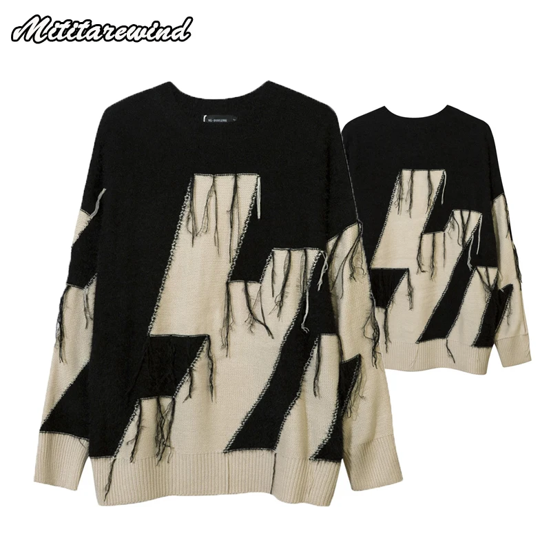 

Men's Pullovers High Street Spliced Couple Hip Hop Vintage Retro Loose Men Clothing Lazy Knitted Ins Sweater Y2k Style Moustache