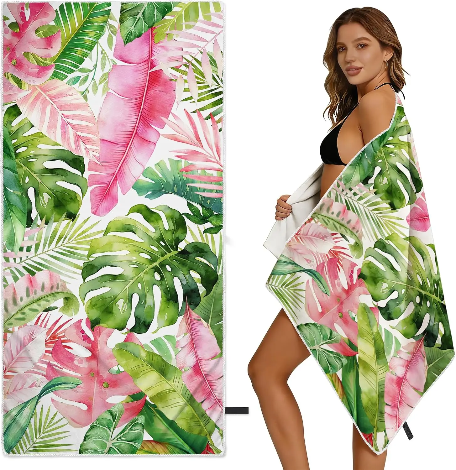 Luxurious Tropical Botanical Leaf Print Bath Towel Jungle Spa Towel Resort Home Decor Monstera Palm Green Leaf Print Accessory