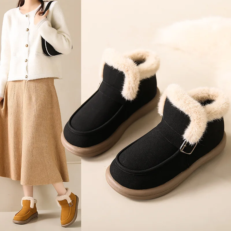 Thickened Fleece Lined Winter Boots Women's Pure Color Trend Matching Student Cotton Shoes Short Tube Casual Style EVA Material