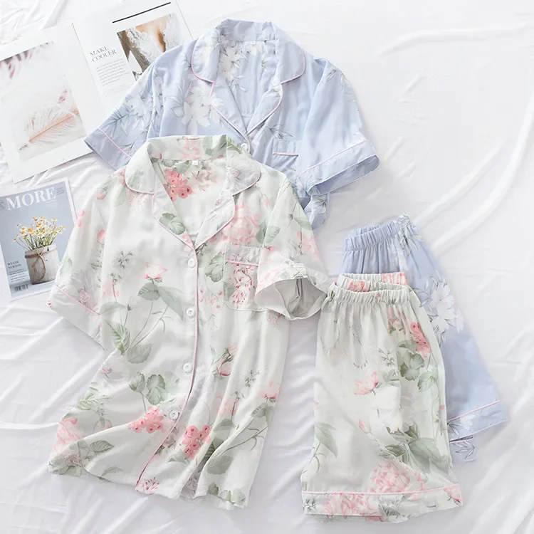 Summer new ladies pajamas suit viscose buckle comfortable man-made cotton short-sleeved shorts two-piece home service set women