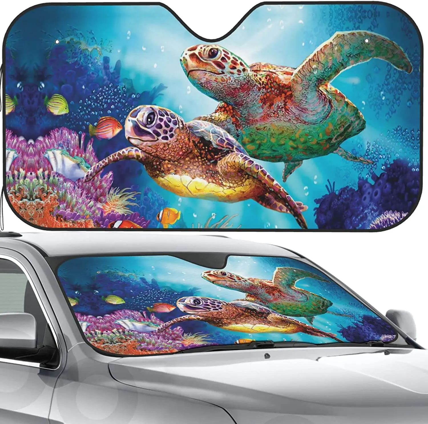 

VunKo Front Window Car Sun Shade Windshield- Ocean Vintage Sea Turtle Foldable Cute Funny Sunshade for Car Truck SUV-Blocks Uv R